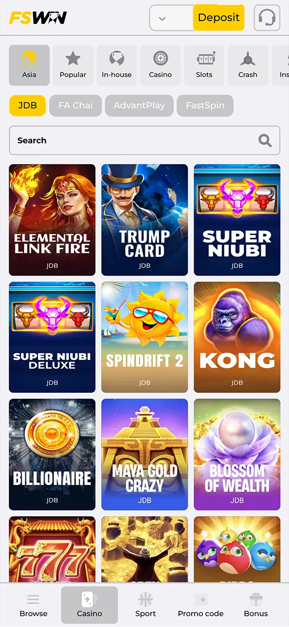 Choose from a wide range of FSwin casino games and start playing today.