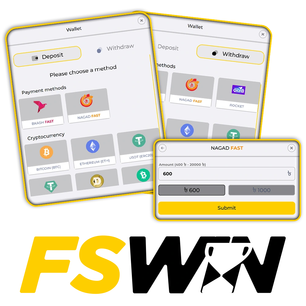 FSwin supports various payment methods for deposits and withdrawals in Bangladesh.